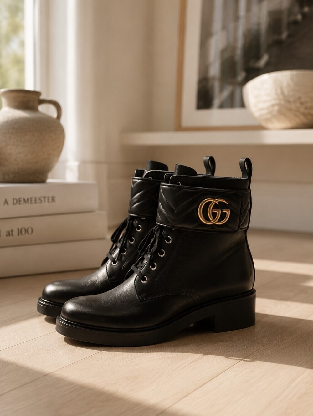 Gucci GG Marmont Black Leather Ankle Boots Combat Style Size 8B - Picture 1 of 10